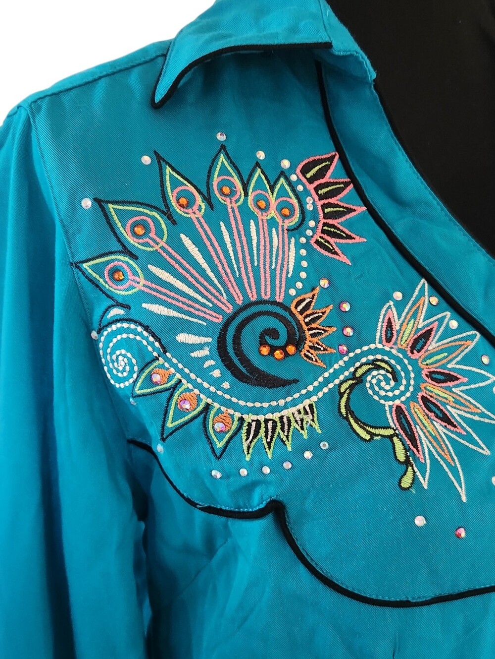 Wrangler Western Shirt Dress Small Turquoise Blue Long Sleeve Rodeo Embroidered - Picture 3 of 11